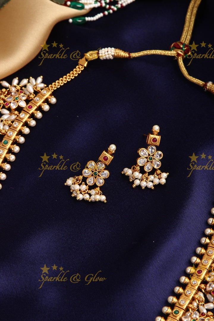 Premium Matte Floral Rice pearl Guttapusalu long necklace