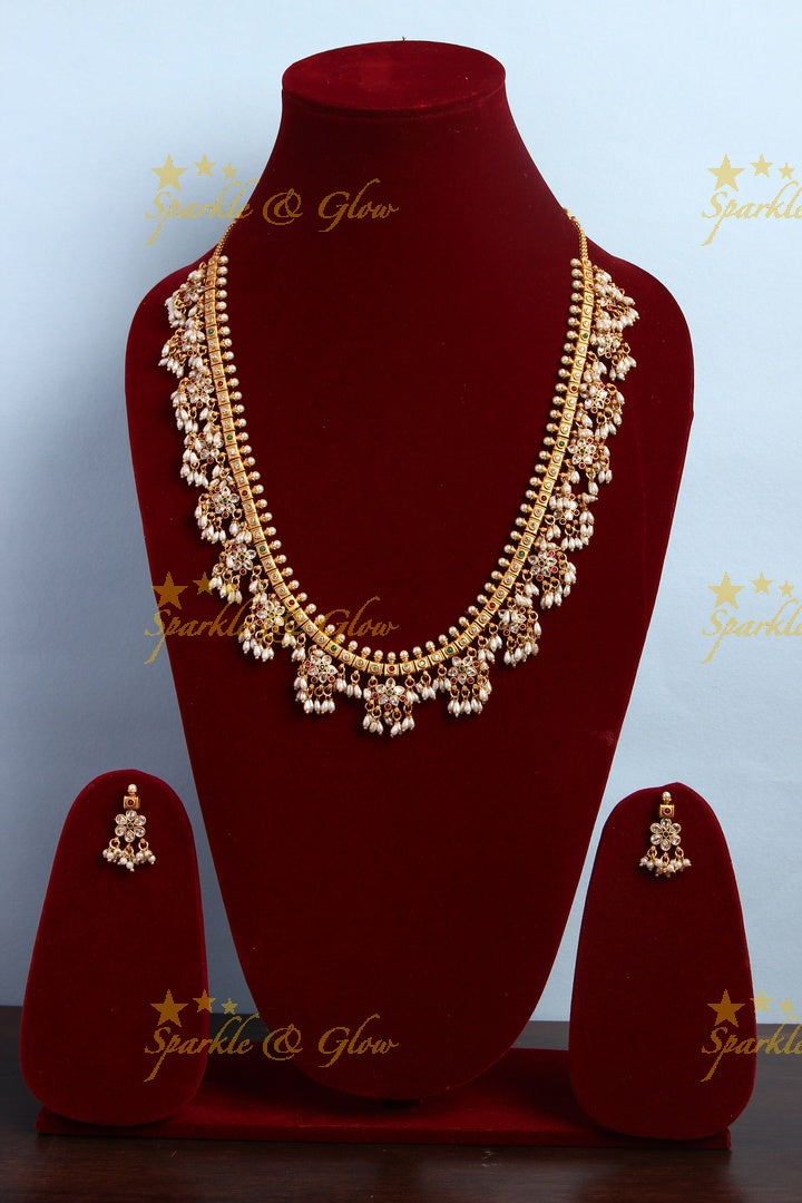 Premium Matte Floral Rice pearl Guttapusalu long necklace