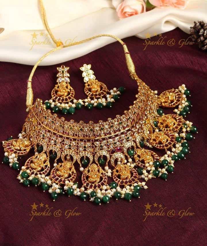 Premium matte Ganesha gutta pusalu bridal gutta pusalu choker - White - Sparkle and Glow