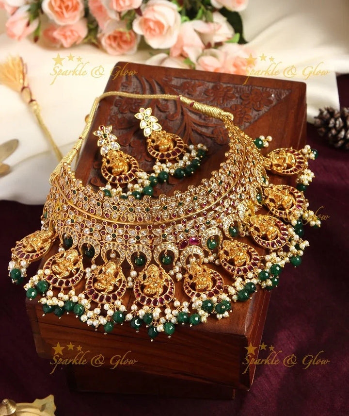 Premium matte Ganesha gutta pusalu bridal gutta pusalu choker - White - Sparkle and Glow