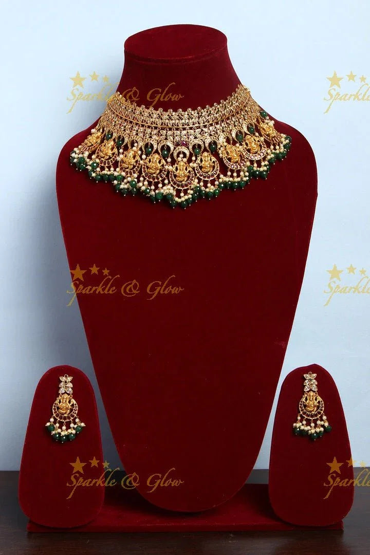Premium matte Ganesha gutta pusalu bridal gutta pusalu choker - White - Sparkle and Glow