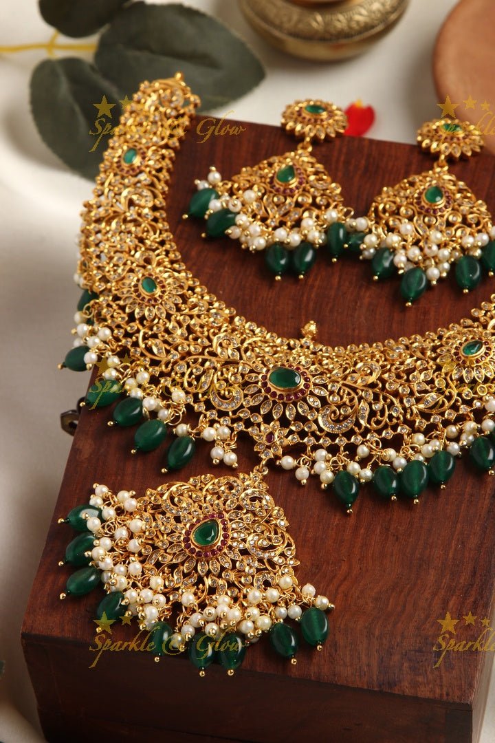 Premium matte Ad intricate necklace - Sparkle and Glow - Multi - Green - Back Thread