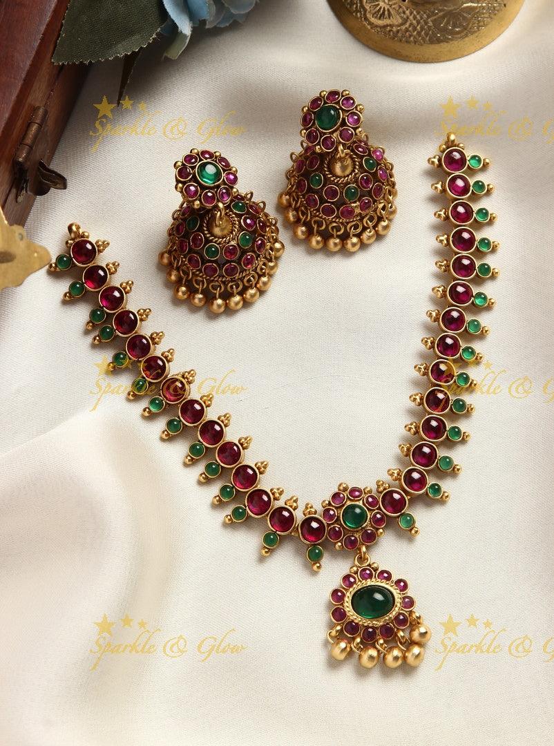 Gold alike Elegant Kemp Adigai necklace - Green Kemp - Sparkle and Glow