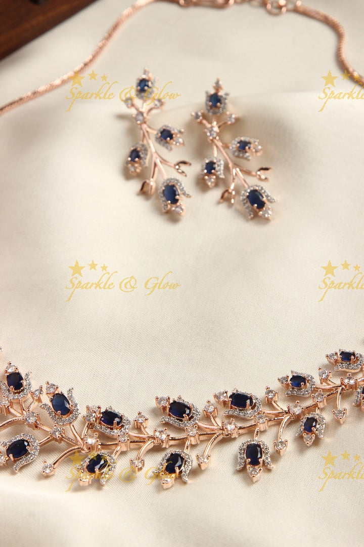 Rose gold Ad stones statement necklace - Blue