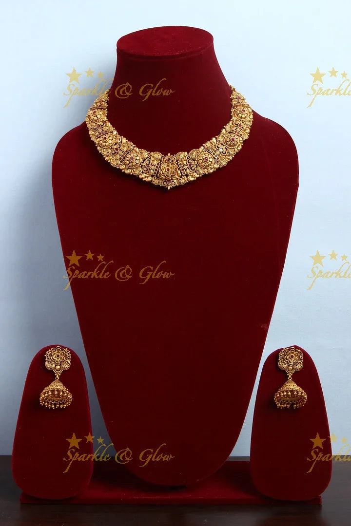 Gold alike antique intricate floral neckpiece - Sparkle and Glow