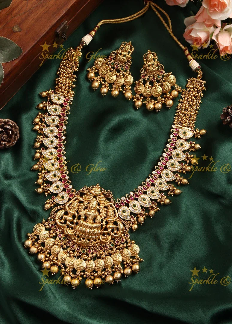 Glittering lakshmi carved mango lakshmi coin long necklace - White Pearl Green - Sparkle and Glow