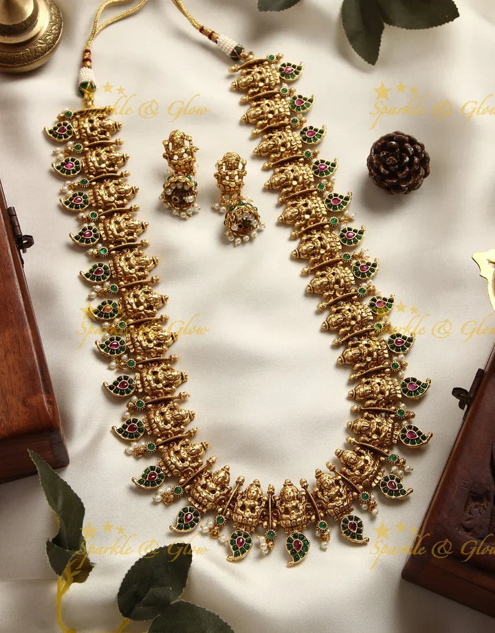 Gold alike polishe Lakshmi carved mango mala with kemp stones - Kemp - Sparkle and Glow