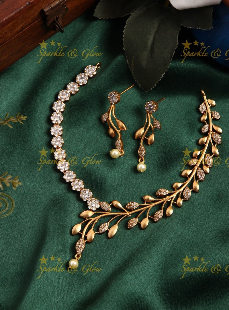 Premium matte statement American Diamond floral necklace - Green - Sparkle and Glow - White - Back Thread