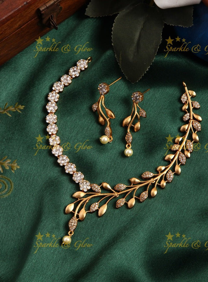 Premium matte statement American Diamond floral necklace - Green - Sparkle and Glow - White - Back Thread