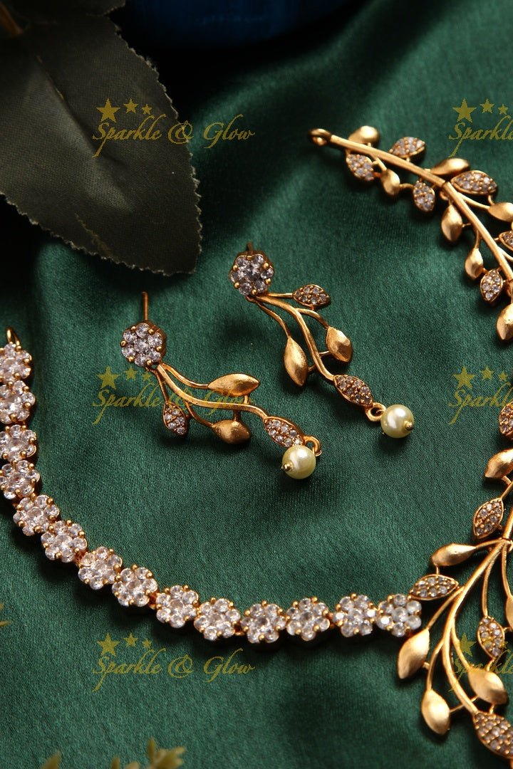 Premium matte statement American Diamond floral necklace - Green - Sparkle and Glow - Pink Green - Back Thread