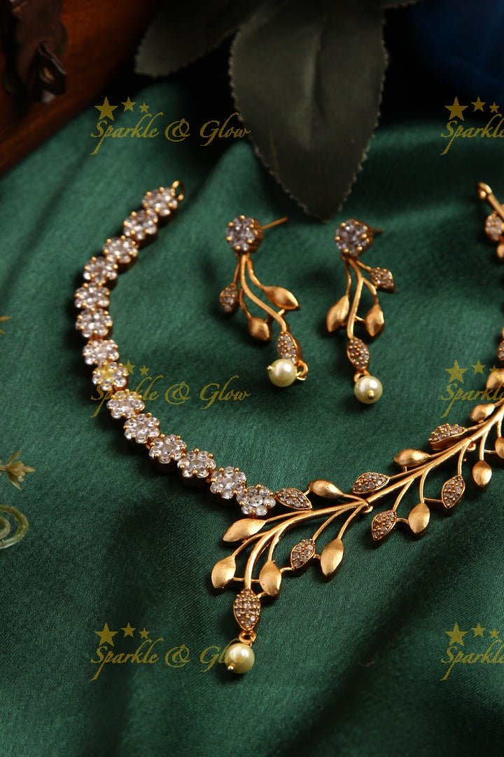 Premium matte statement American Diamond floral necklace - Green - Sparkle and Glow - Pink Green - Back Thread
