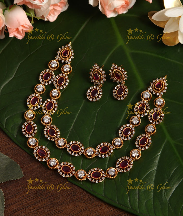 Premium Matte elegant layer American Daimond necklace - Pink Green