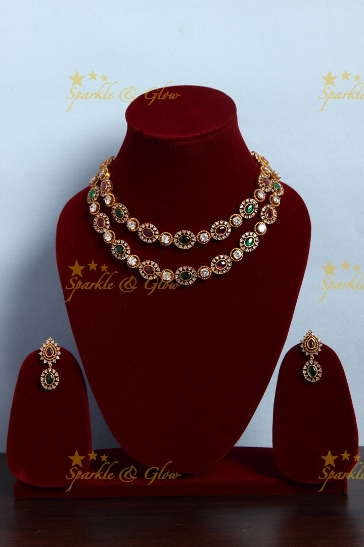 Premium Matte elegant layer American Daimond necklace - Pink Green
