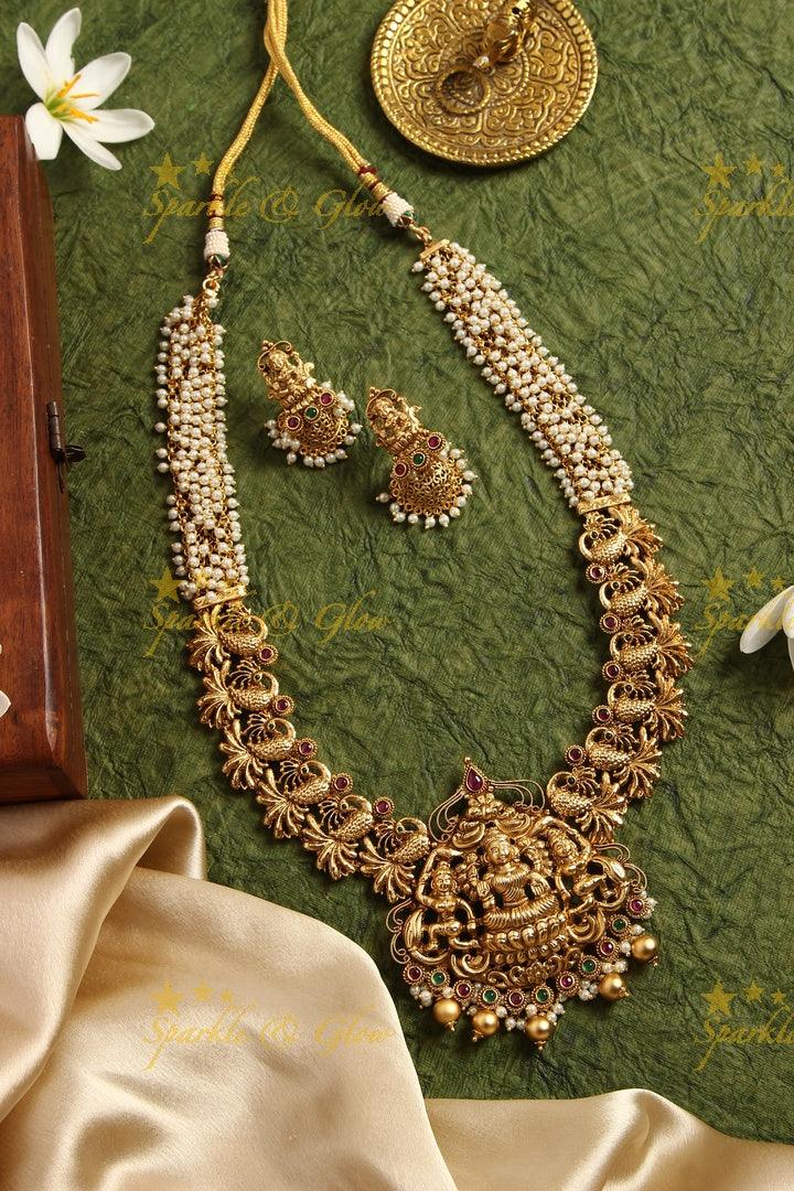 Gold alike Lakshmi Peacock carved pearl cluster haram - PInk - Sparkle and Glow