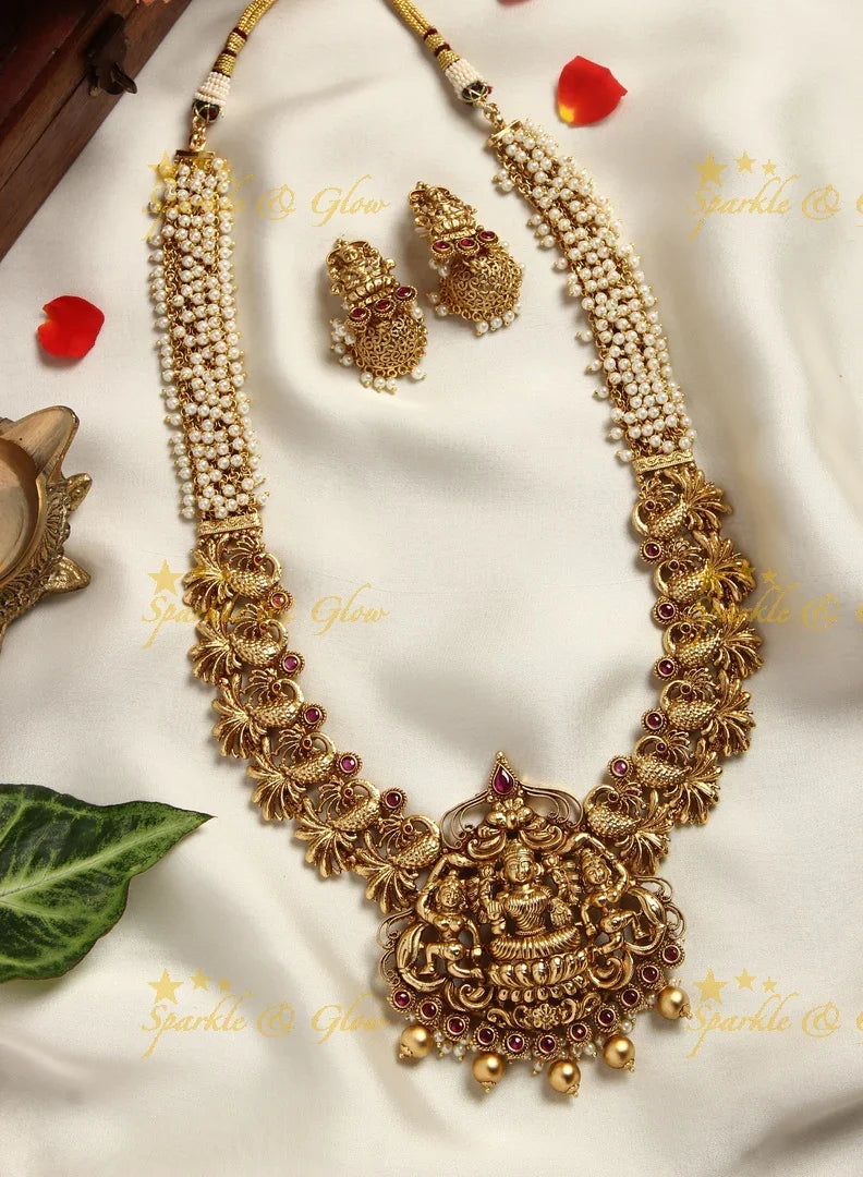 Gold alike Lakshmi Peacock carved pearl cluster haram - PInk - Sparkle and Glow