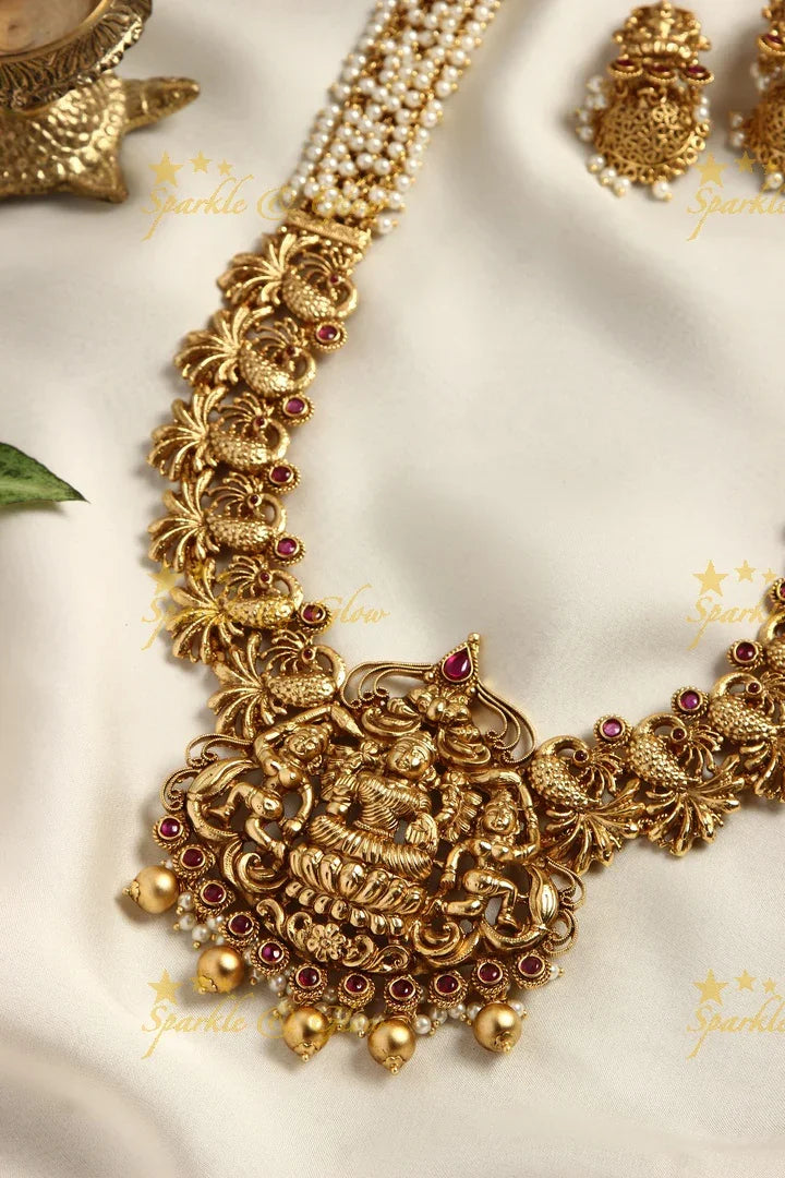 Gold alike Lakshmi Peacock carved pearl cluster haram - PInk - Sparkle and Glow