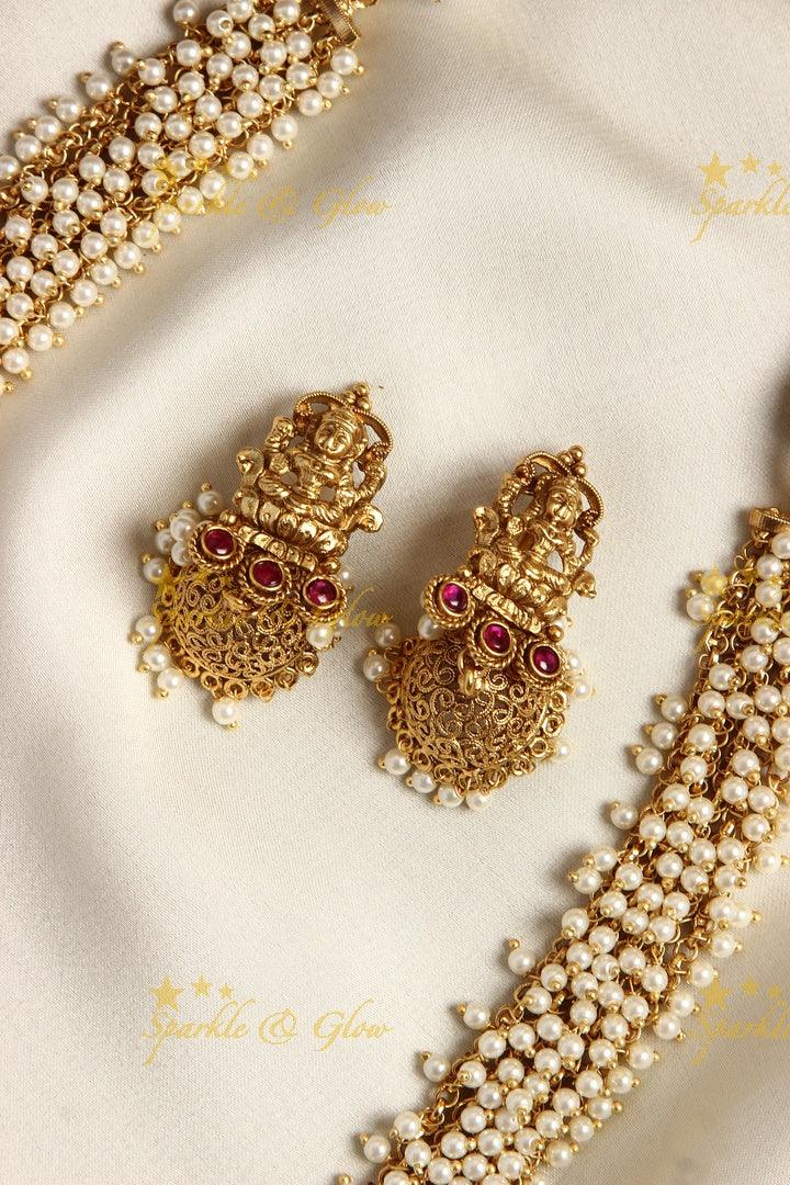 Gold alike Lakshmi Peacock carved pearl cluster haram - PInk - Sparkle and Glow