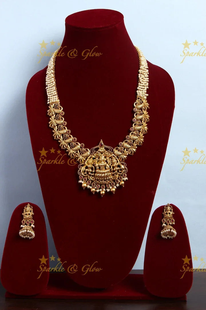 Gold alike Lakshmi Peacock carved pearl cluster haram - PInk - Sparkle and Glow