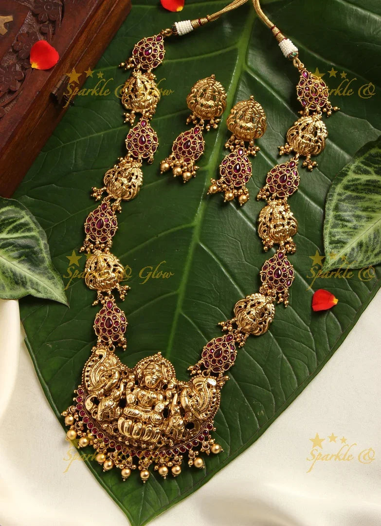 Gold alike elegant Lakshmi haram with kemp stines - Pink White - Sparkle and Glow