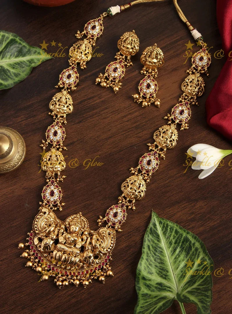 Gold alike elegant Lakshmi haram with kemp stines - Pink White - Sparkle and Glow