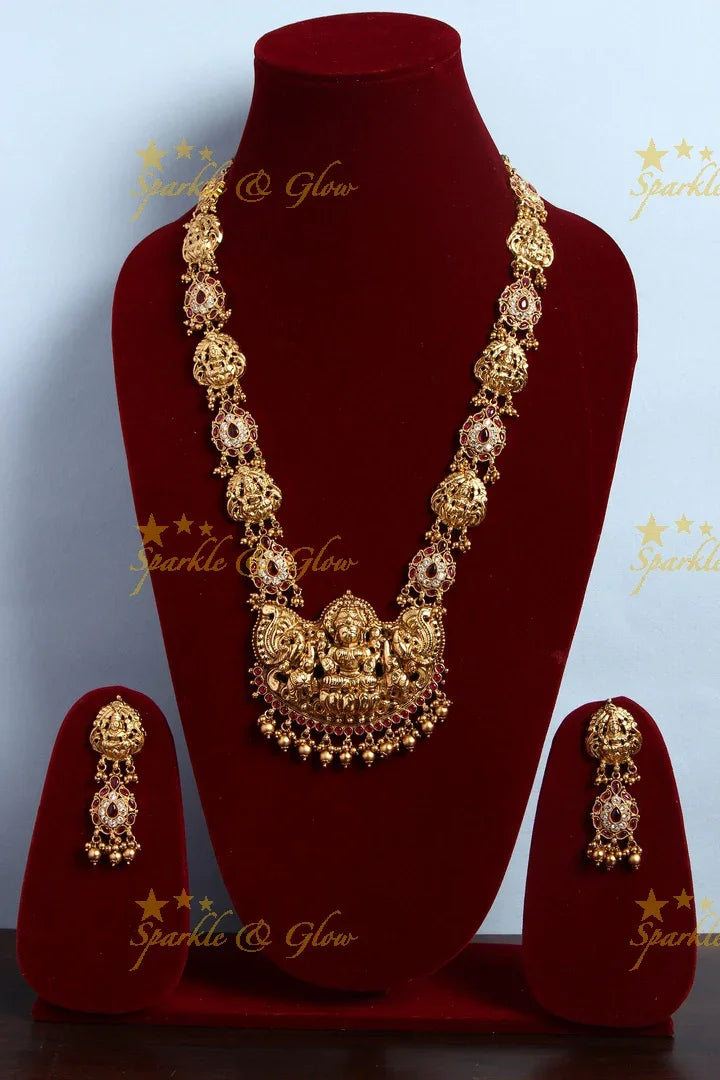 Gold alike elegant Lakshmi haram with kemp stines - Pink White - Sparkle and Glow