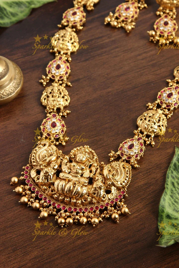 Gold alike elegant Lakshmi haram with kemp stines - Pink White - Sparkle and Glow