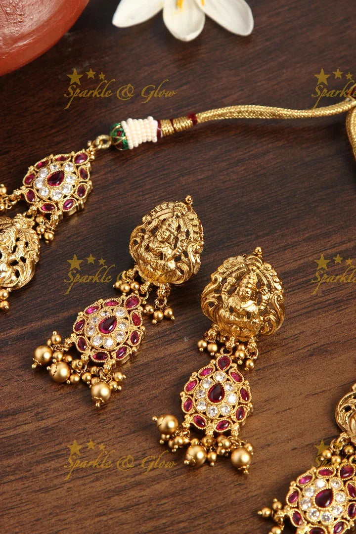 Gold alike elegant Lakshmi haram with kemp stines - Pink White - Sparkle and Glow