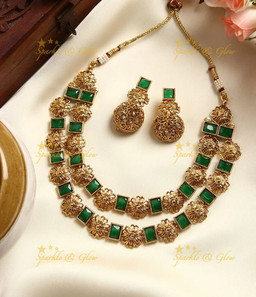 Elegant gold alike layer floral necklace- Green - Sparkle and Glow