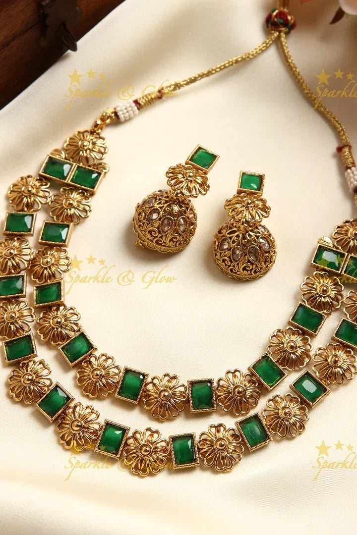 Elegant gold alike layer floral necklace- Green - Sparkle and Glow
