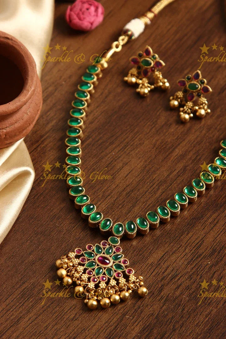 Gold alike Kemp two in one Attigai necklace - Green Pink - Sparkle and Glow