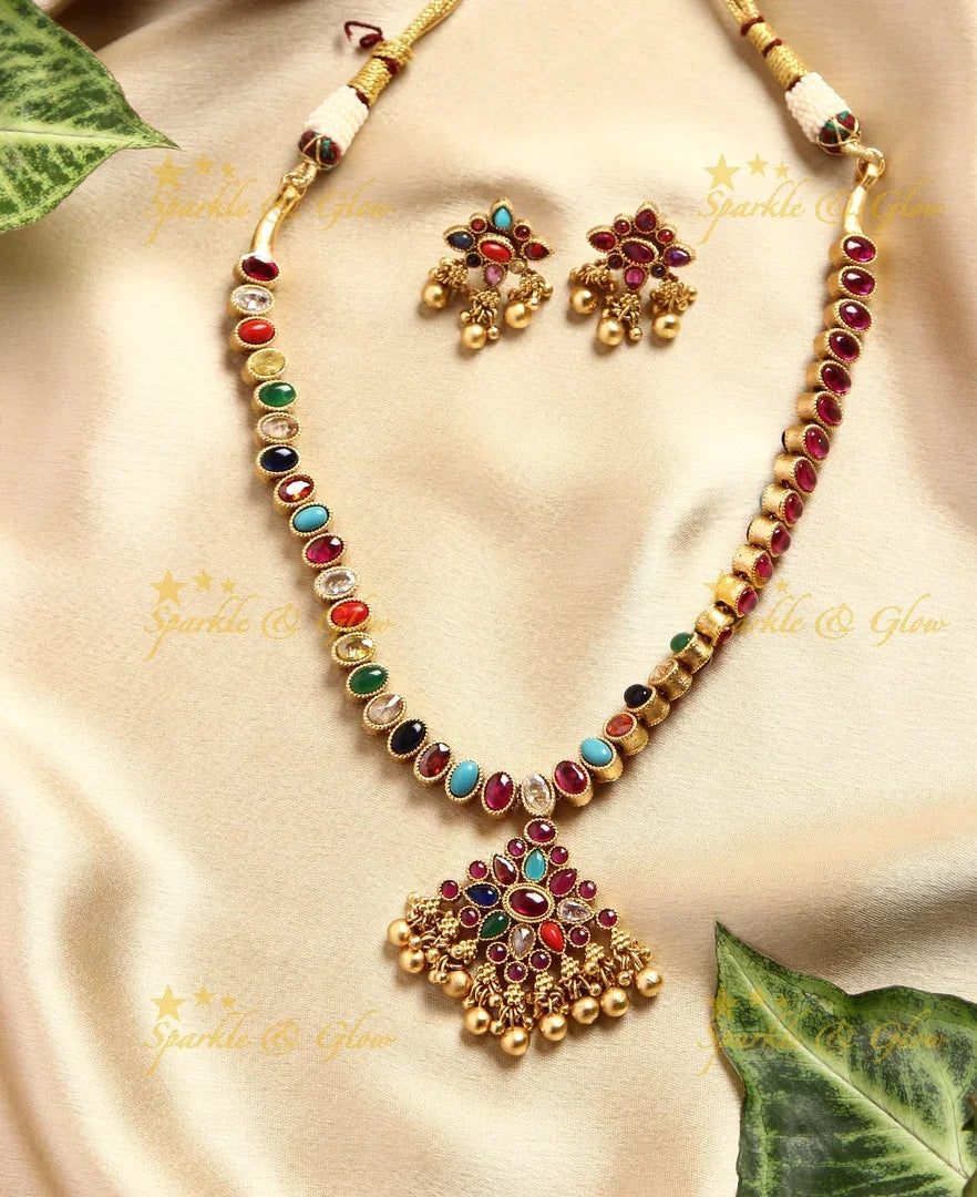 Gold alike Kemp two in one Attigai necklace - Green Pink - Sparkle and Glow