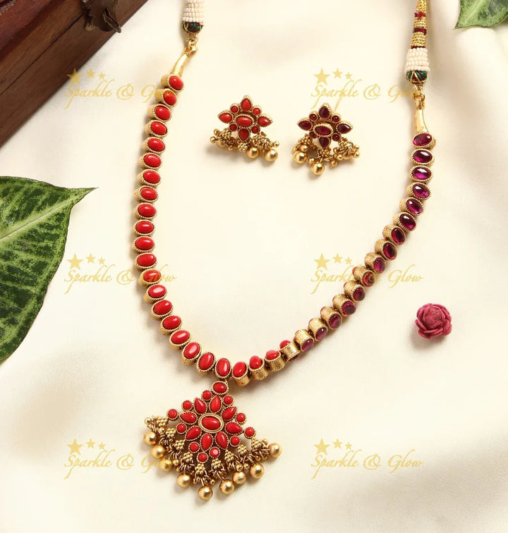 Gold alike Kemp two in one Attigai necklace - Green Pink - Sparkle and Glow