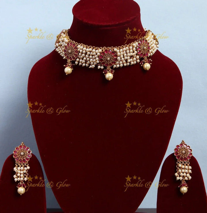 Gold alike cluster beads floral choker - Pearl - Sparkle and Glow