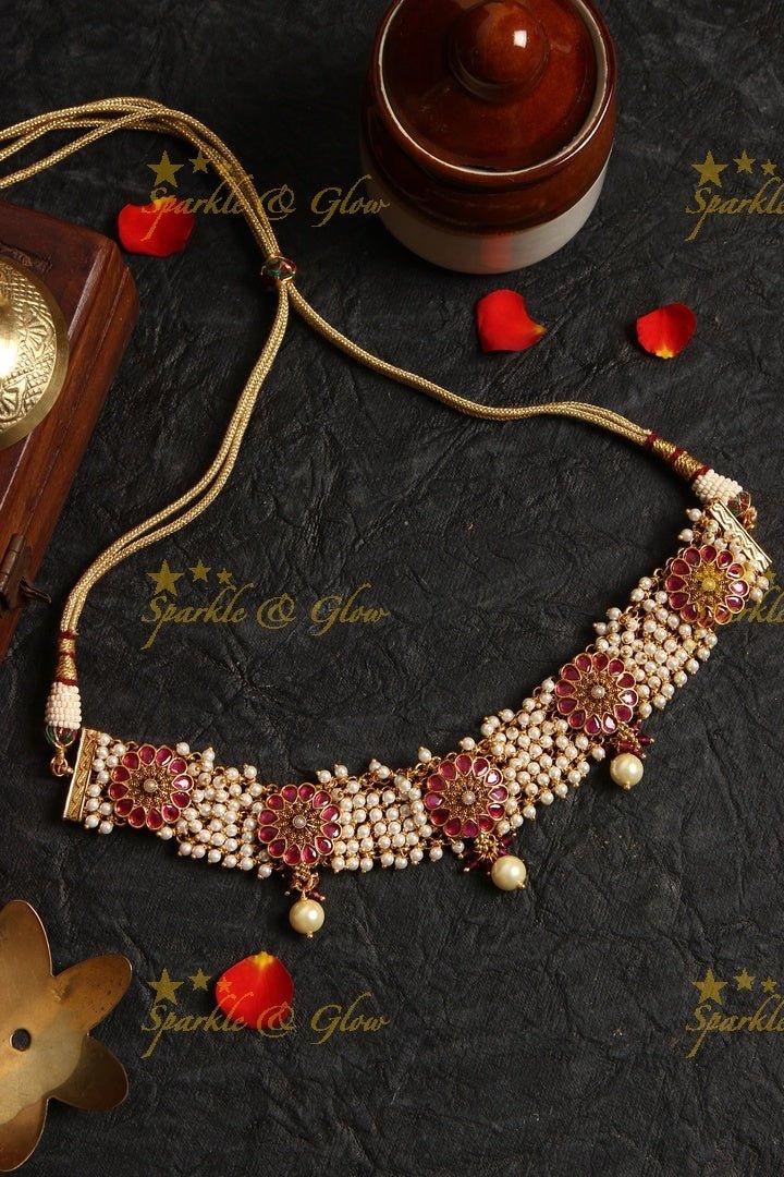 Gold alike cluster beads floral choker - Pearl - Sparkle and Glow