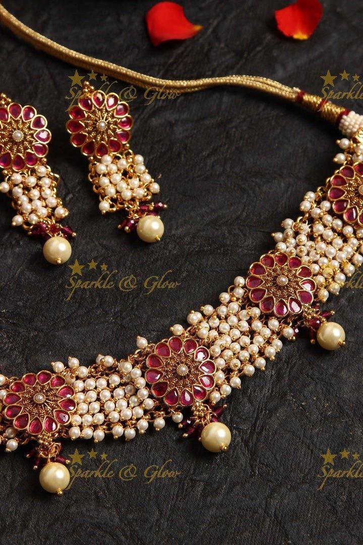Gold alike cluster beads floral choker - Pearl - Sparkle and Glow