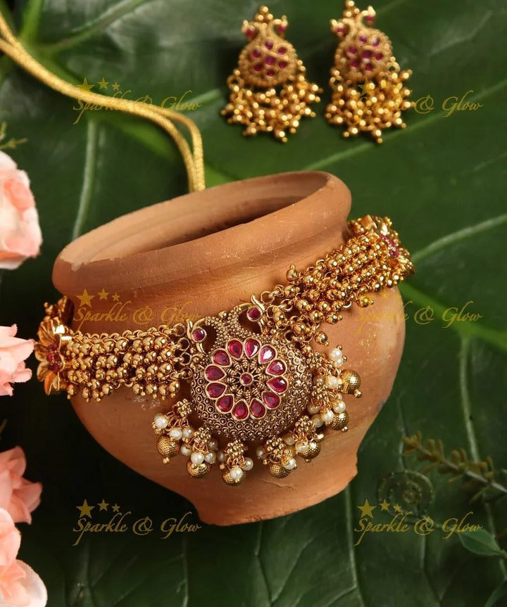 Gold alike cluster beads peacock choker / Short Necklace- Pearl - Sparkle and Glow