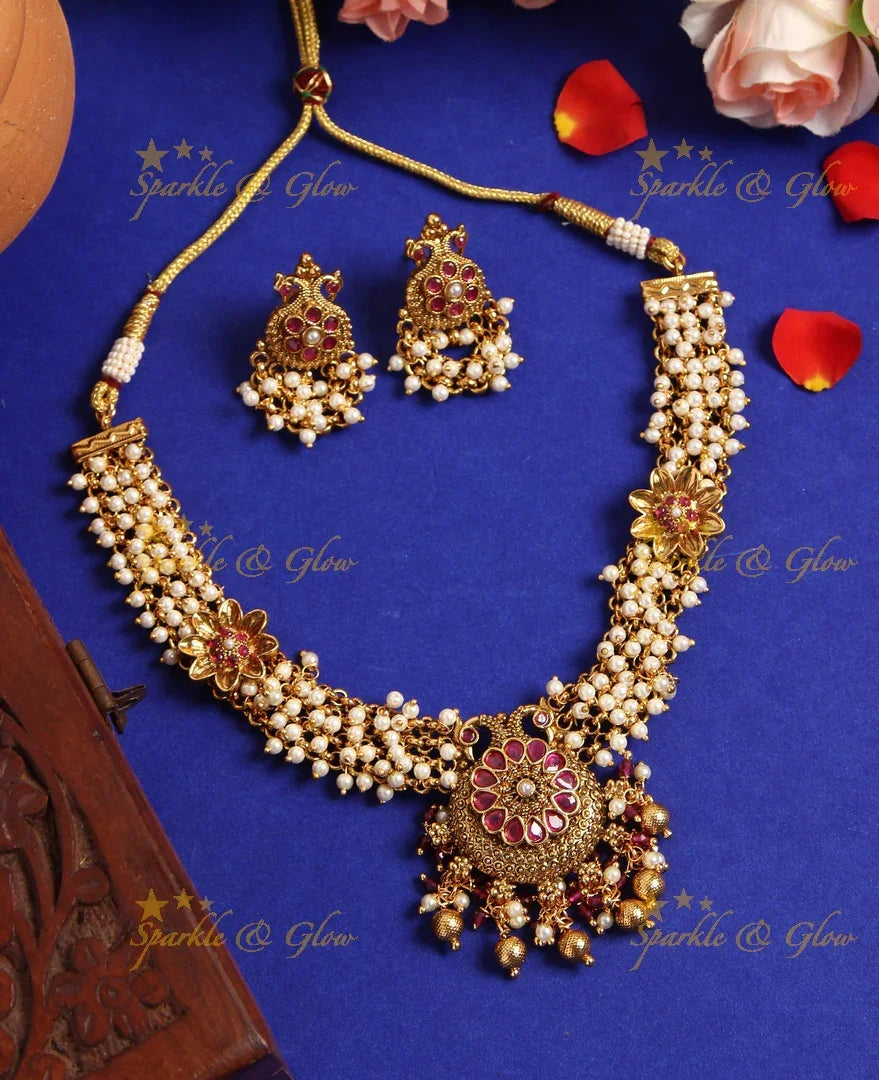 Gold alike cluster beads peacock choker / Short Necklace- Pearl - Sparkle and Glow