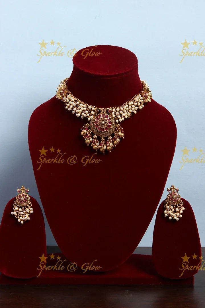 Gold alike cluster beads peacock choker / Short Necklace- Pearl - Sparkle and Glow