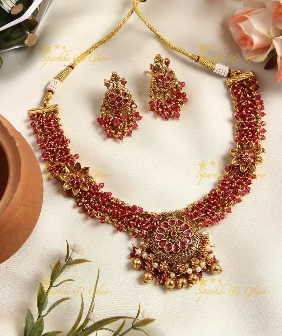Gold alike cluster beads peacock choker / Short Necklace- Pearl - Sparkle and Glow