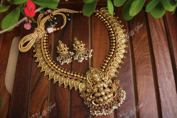 Gold alike antique mango necklace with lakshmi pendent - Pink - Sparkle and Glow