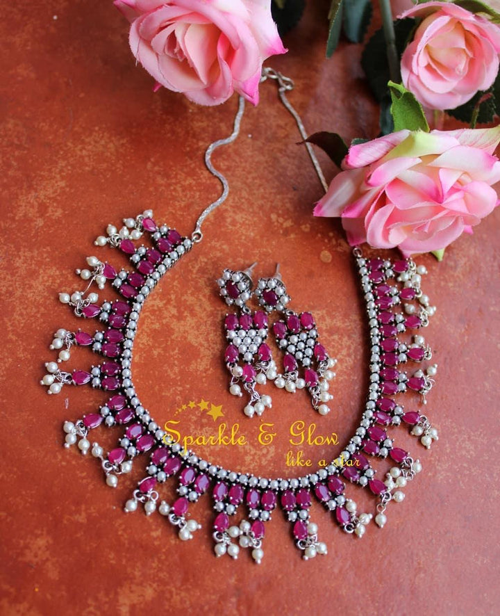 Pink gutta pusalu stone necklace in silver-Pink - Sparkle and Glow