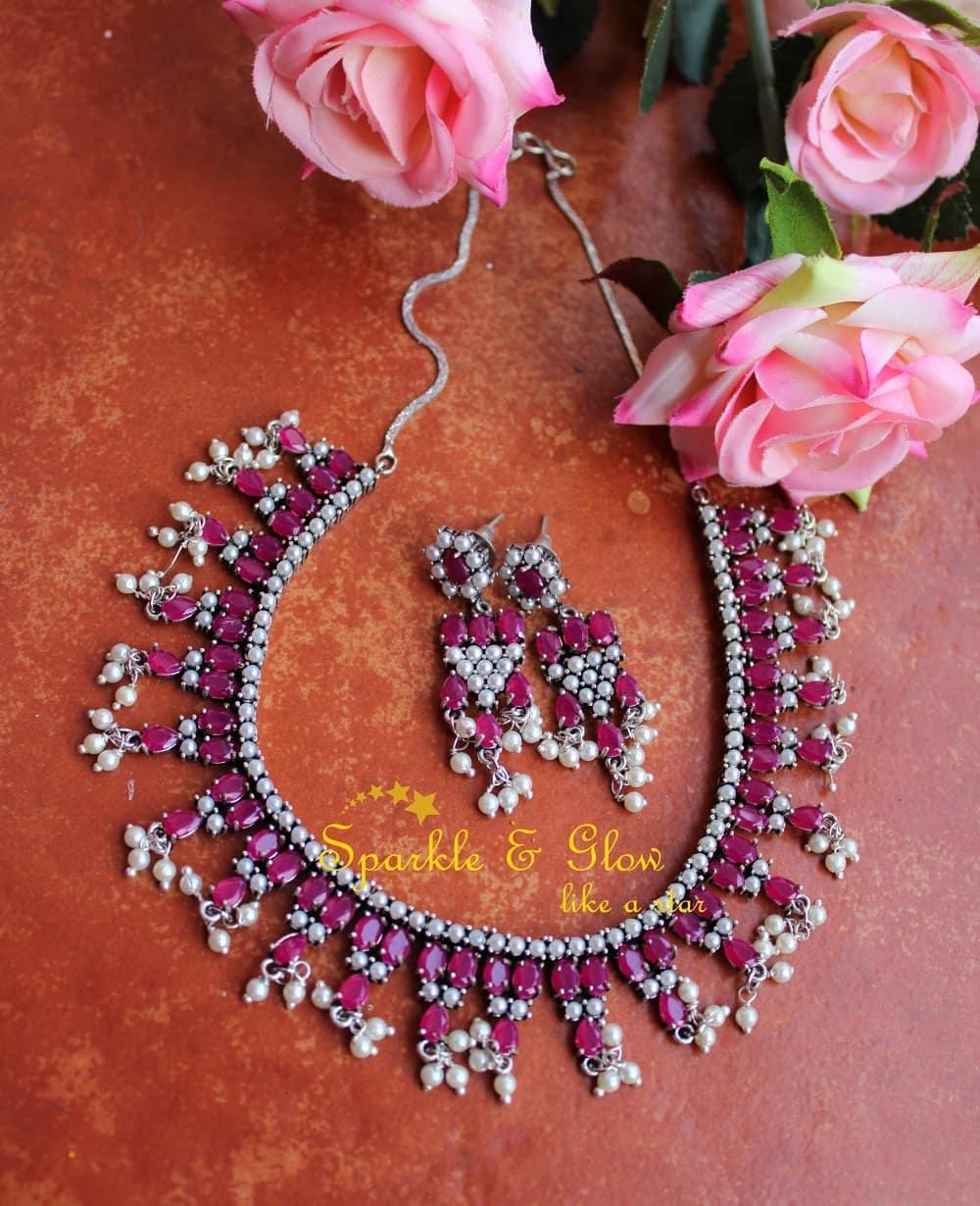 Pink gutta pusalu stone necklace in silver-Pink - Sparkle and Glow