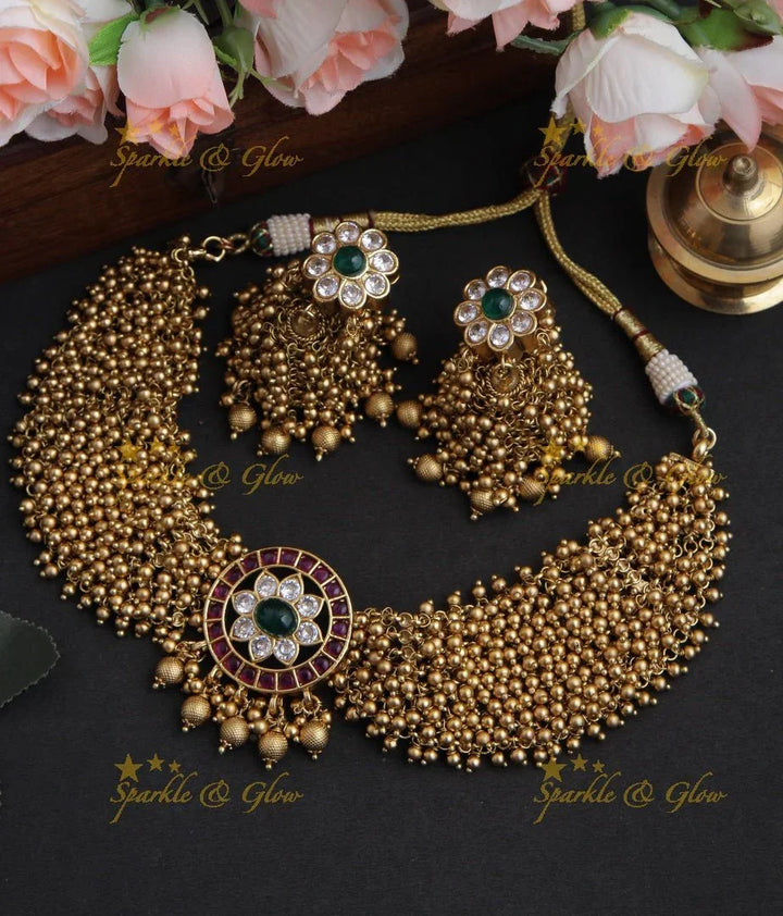Elegant Gold high neck choker with kemp stones pendent -Green White - Sparkle and Glow