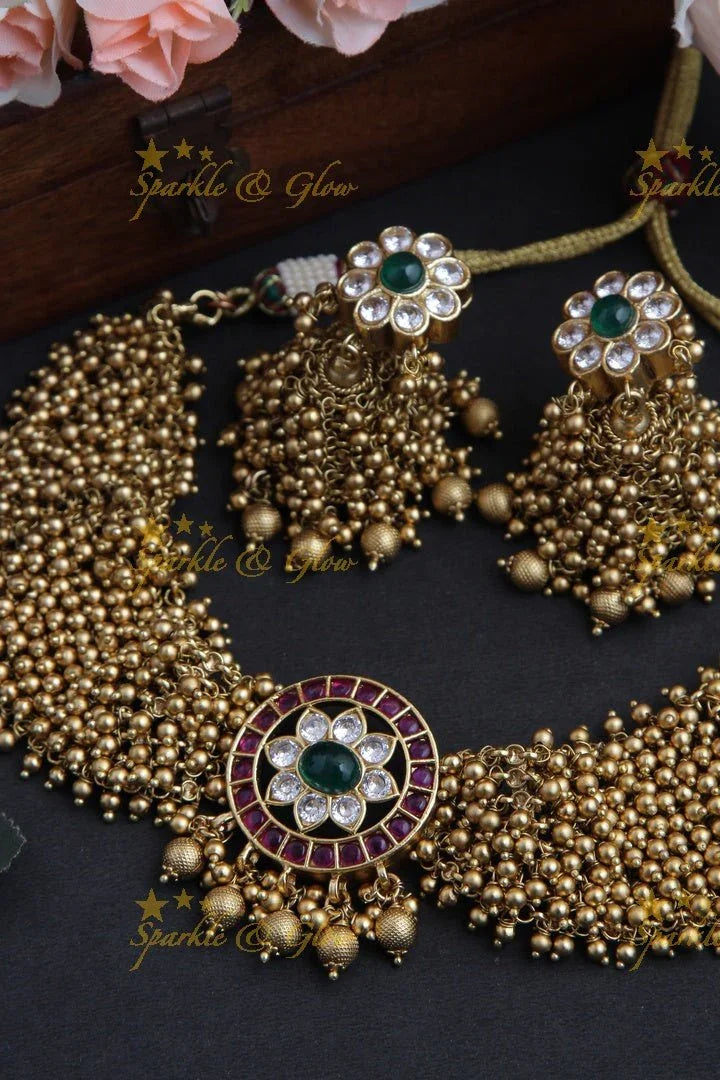 Elegant Gold high neck choker with kemp stones pendent -Green White - Sparkle and Glow