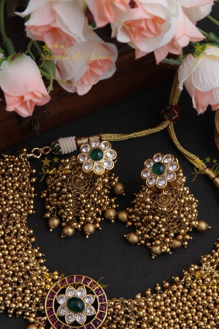 Elegant Gold high neck choker with kemp stones pendent -Green White - Sparkle and Glow