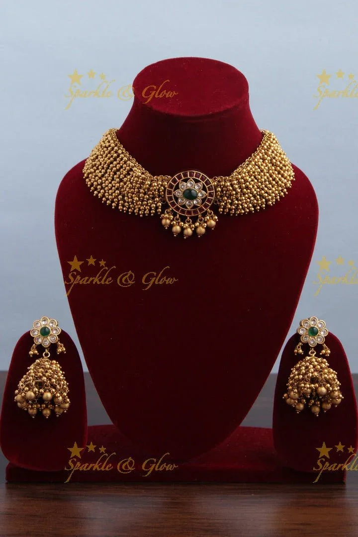 Elegant Gold high neck choker with kemp stones pendent -Green White - Sparkle and Glow