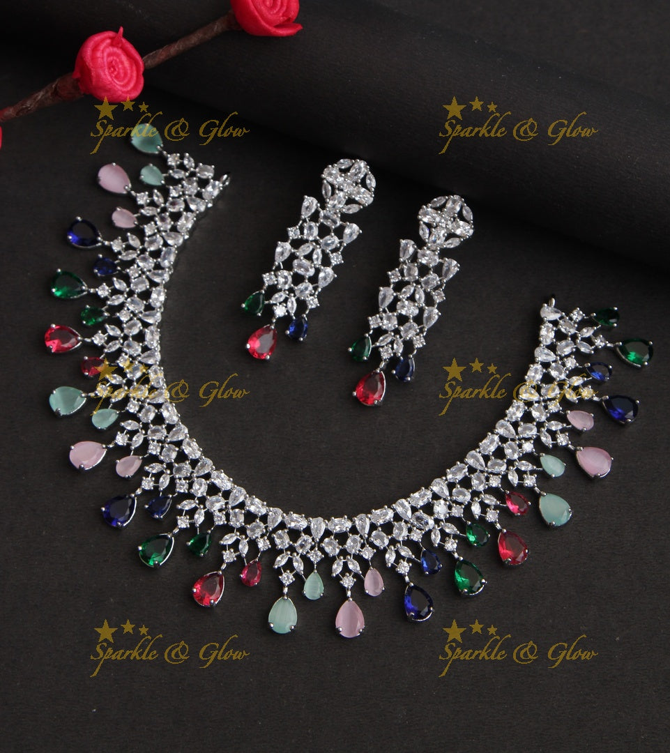 Silver Finish Statement AD necklace - Pastel Pink Green