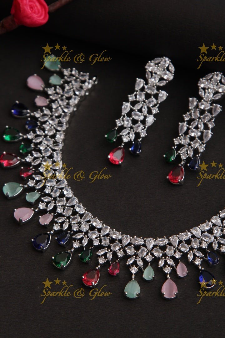 Silver Finish Statement AD necklace - Sparkle and Glow - Back Thread - 