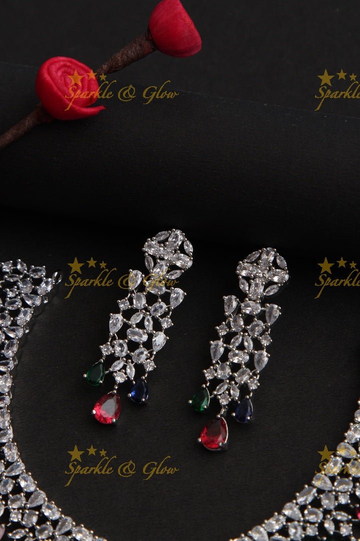 Silver Finish Statement AD necklace - Sparkle and Glow - Back Thread - 
