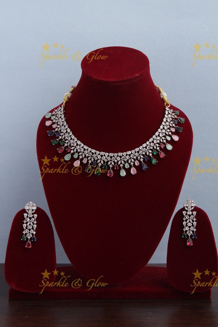 Silver Finish Statement AD necklace - Sparkle and Glow - Back Thread - 